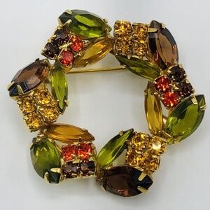 Vintage Rare & Unique Rhinestone Brooch Unsigned Multi Color 2” Wreath Pin